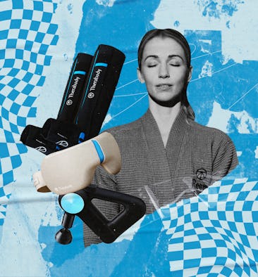 A woman in a robe closes her eyes, surrounded by a blue and white abstract background, featuring mas...