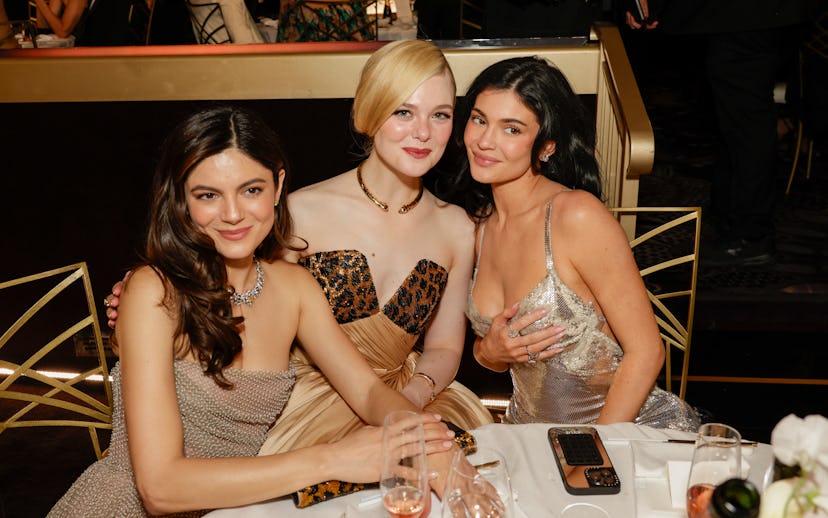 BEVERLY HILLS, CALIFORNIA - JANUARY 05: (L-R)  Barbaro, Elle Fanning, and Kylie Jenner attend the 82...
